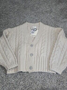 Industry Cream Cable Knit Cropped Cardigan Sweater Rhinestone Buttons Size XS